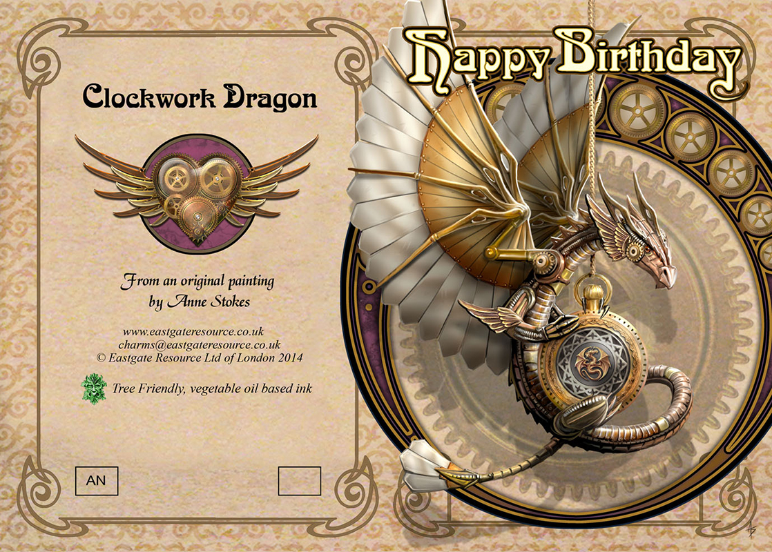 (image for) Birthday Cards - Clockwork Dragon - 6 Pack